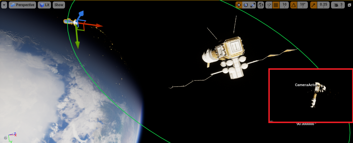 Unreal Engine simulation of a satellite in Earth orbit with a chaser camera view